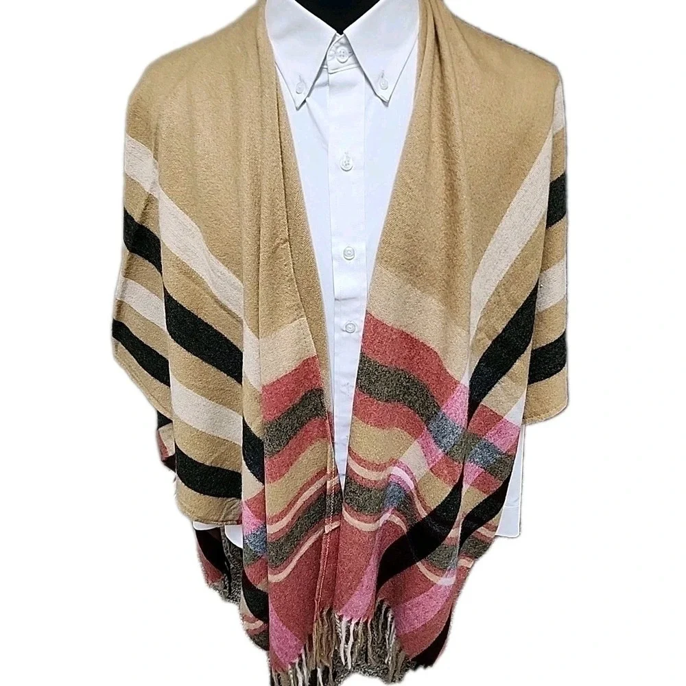 Woolrich Womens One‎ Size Striped Plaid Fringe Open Poncho Wrap HLM0236S Tan